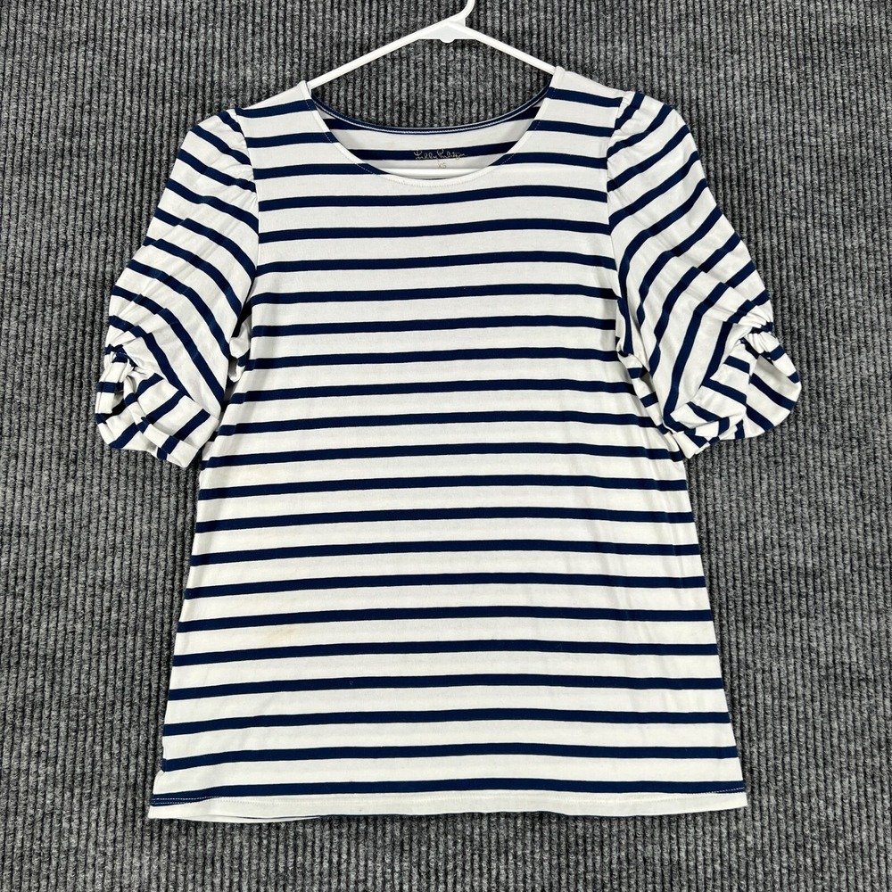Lilly Pulitzer Shirt Womens XS Extra Small White Blue Striped Short Sleeve